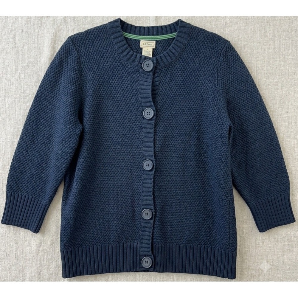 L.L.Bean Cardigan Sweater Womens Large Navy Blue Cotton Seed Stitch Preppy